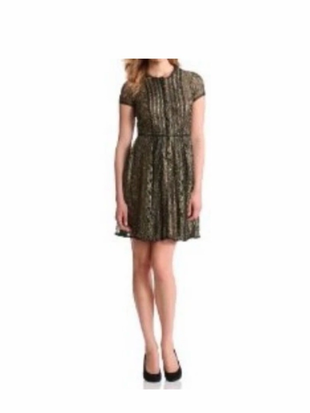 BCBGMaxAzria Black and Gold lace Patterned Short Sleeve Fit-and-Flare Dress.